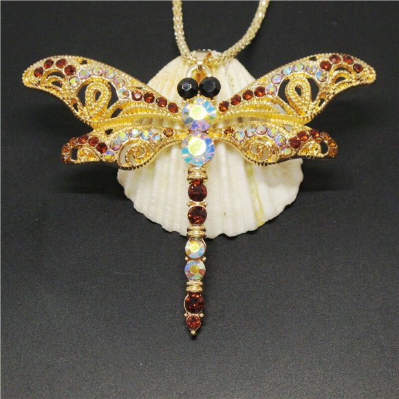 Gold Crystal Dragonfly Necklace - Picture 3 of 4